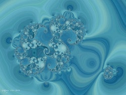 Polynomial art. CD0, a blue and turquoise image for a fine art print, a fractal, the Julia (and Fatou) set of a polynomial.