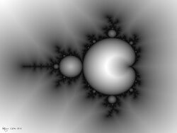 Mathematical artwork. A black and white picture of the Mandelbrot set fractal for a fine art print.