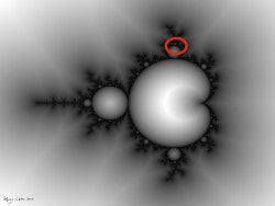 Mathematical artwork. A black and white picture (with ellipse detail) of the Mandelbrot fractal set.