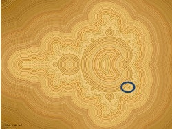 Arte matematica frattale. Un'immagine dell'insieme di Mandelbrot, colori di una venatura del legno (con dettaglio ellisse).