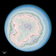 Planetary Disk, un'immagine frattale in blu/verde/beige per una stampa, creata con mappe di Möbius del disco unitario.