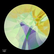 Math art. K Disk, a yellow/green/blue/purple image for an art print, made using non-Euclidean (Möbius) maps of the unit disk.