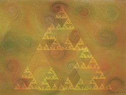 DGIFS5, un esempio di un design matematico in colore oro per una stampa fine art, è un triangolo di Sierpiński IFS frattale.