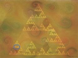 Design matematico. DGIFS5, un'immagine di colore oro (con dettaglio ellisse) un triangolo di Sierpiński frattale.