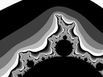 Dettaglio in bianco e nero dell'insieme di Mandelbrot, colorato usando j = n mod P