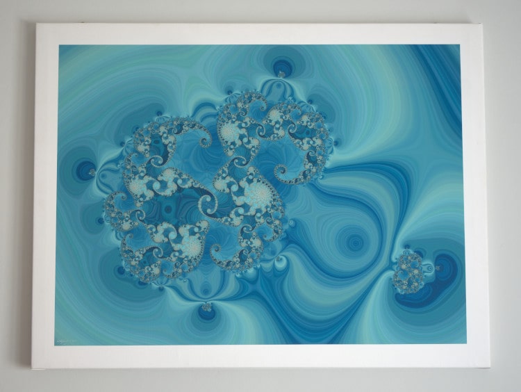 Fractal math art. A large canvas fine art print of the blue and turquoise image CD0, the Julia and Fatou set of a polynomial.