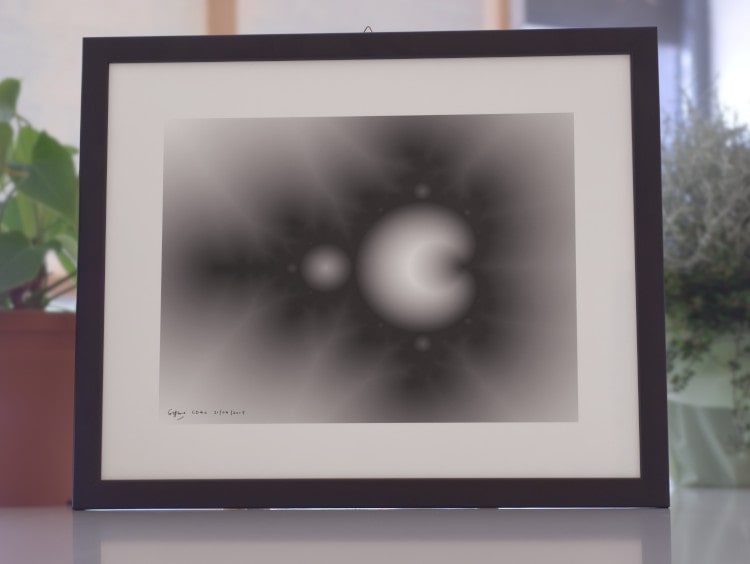 Mathematical artwork. A fine art print (on paper) of the picture CD4a, the Mandelbrot set fractal in black and white.