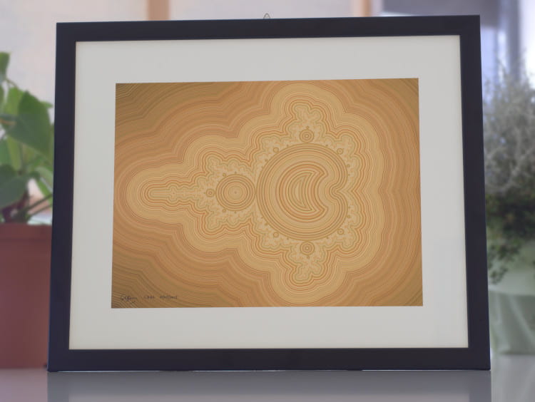 Mathematical artwork. A fine art print (on paper) of the picture CD4b, the Mandelbrot set fractal in wood grain colours.
