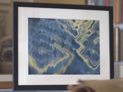 Mathematical artwork. A fine art print of the blue and sand coloured picture Sand Flow, made with trigonometric functions.