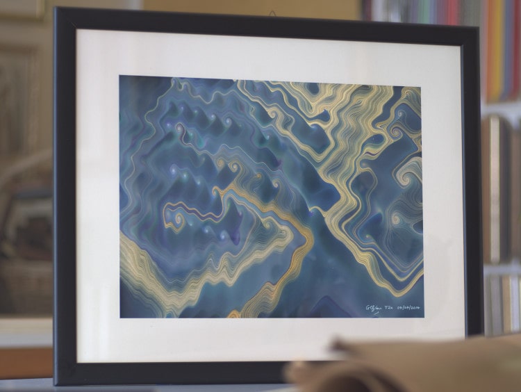 A fine art print of the blue and sand coloured picture Sand Flow, abstract math art made with trigonometric functions.