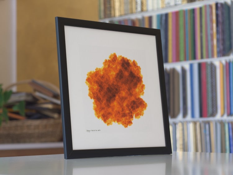 A fine art print of the mathematical image DGIFS7c in shades of fiery red, math and fractal art made with a directed graph IFS.