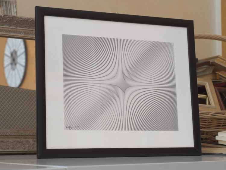 Una stampa dell'immagine Optical in sfumature di grigio, un design astratto matematico creato con funzioni trigonometriche.