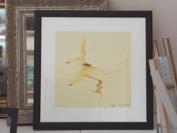 A fine art paper print of the beige and yellow picture Unicorn, abstract math art created using trigonometric functions.